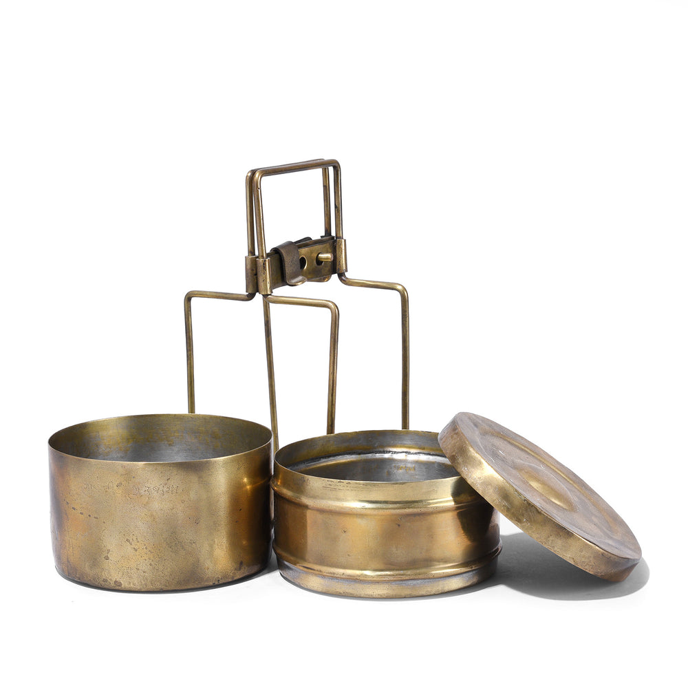 Deconstructed VIew Of Antique Brass Indian Two Tier Tiffin With Folding Wire Handle