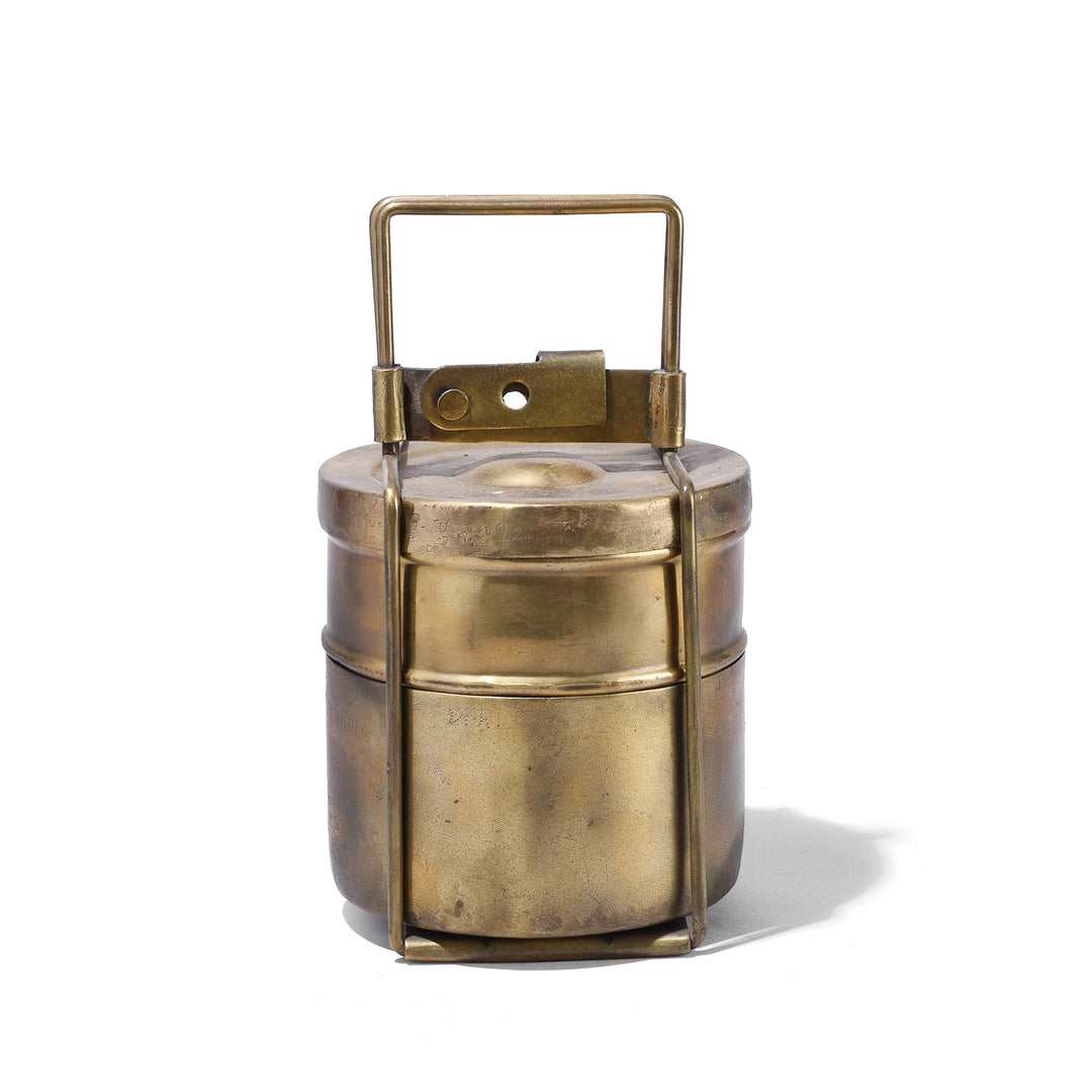 Antique Brass Indian Two Tier Tiffin With Folding Wire Handle