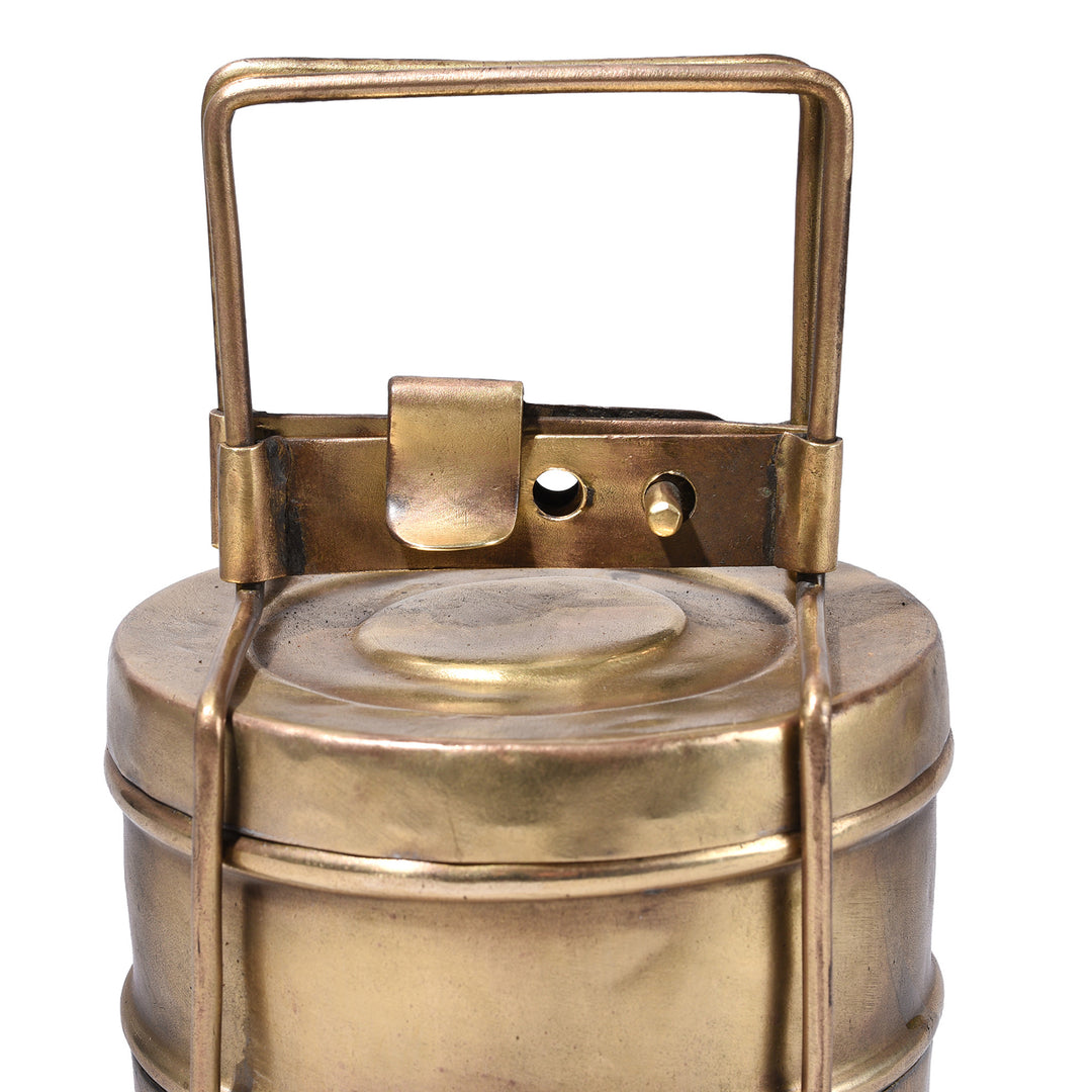 Handle Detail From Antique Brass Indian Tiffin Box Dabba With Two Tier Containers Early 20th Century