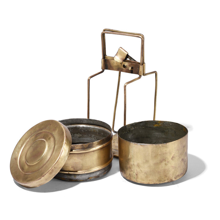 Open And Dismantled View Of Antique Brass Indian Tiffin Box Dabba With Two Tier Containers Early 20th Century