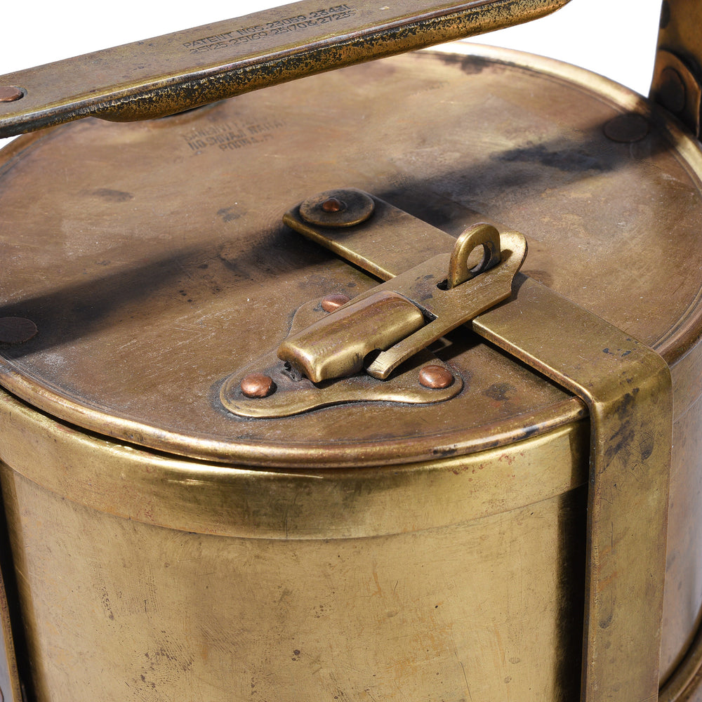 Latch Detail From Three Tier Brass Indian Tiffin Box With Hinged Handle And Stacking Compartments