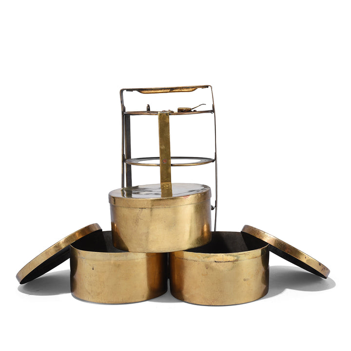 Three Tier Brass Indian Tiffin Box With Hinged Handle And Stacking Compartments