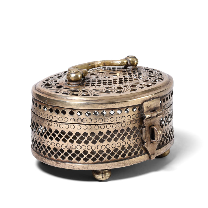 Angled View Of Brass Jali Work Paan Box From Rajasthan - Early 20th Century | Indigo Antiques