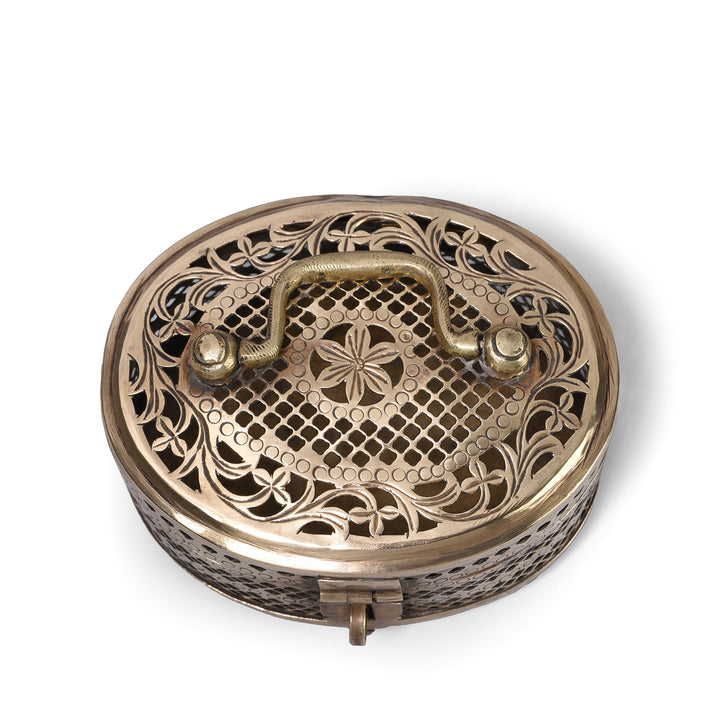 Top Down VIew Of Brass Jali Work Paan Box From Rajasthan - Early 20th Century | Indigo Antiques