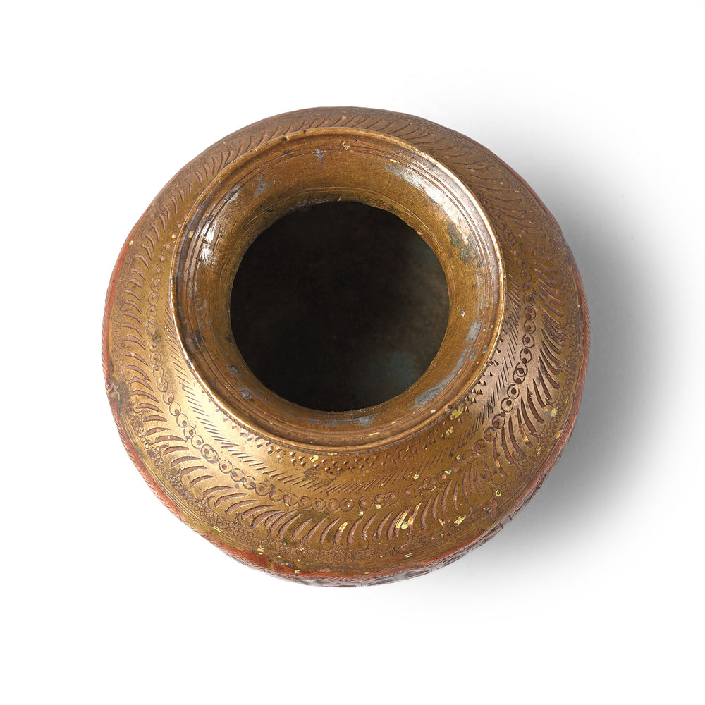 Top Down View Of Antique Ganga Jumna Ravitra Pani - Brass & Copper Lota | Indigo Antiques