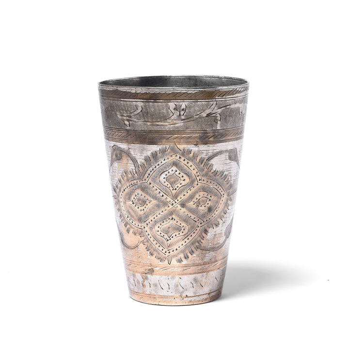 Patterned Vintage Lassi Cup - Nickel Plated Engraved Brass | Indigo Antiques