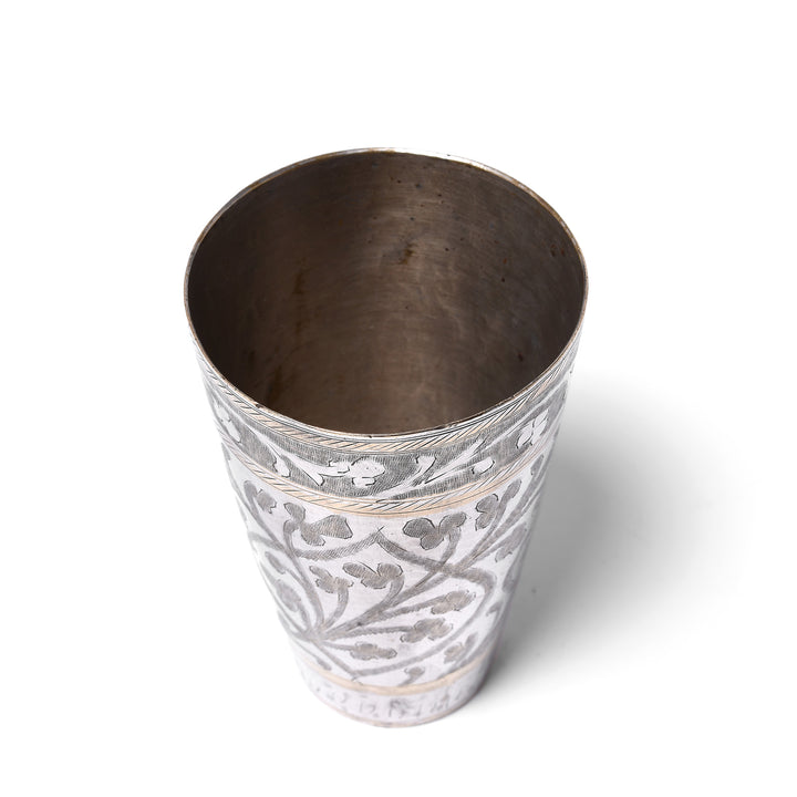 Floral Vintage Lassi Cup - Nickel Plated Engraved Brass | Indigo Antiques
