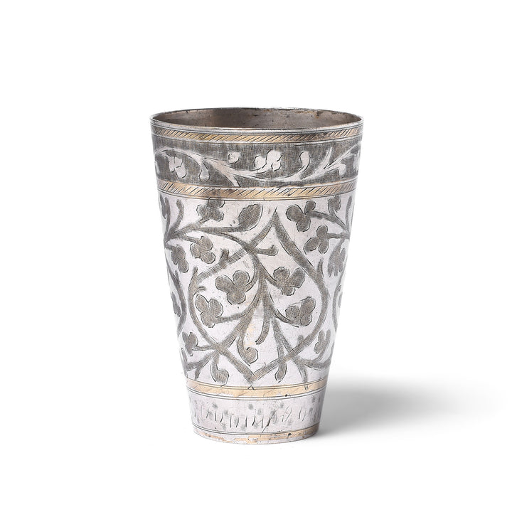 Floral Vintage Lassi Cup - Nickel Plated Engraved Brass | Indigo Antiques