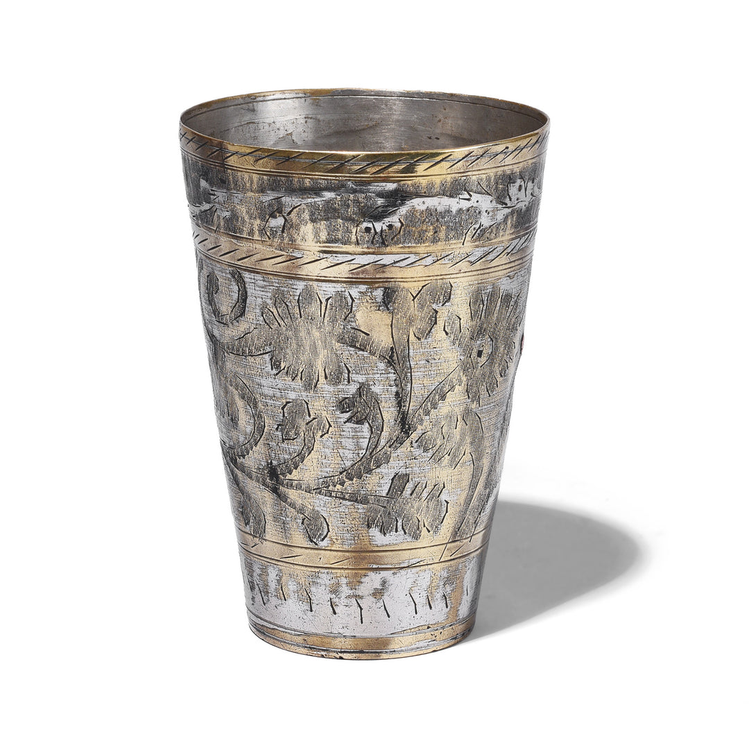 Vintage Lassi Cup - Nickel Plated Engraved Brass | Indigo Antiques