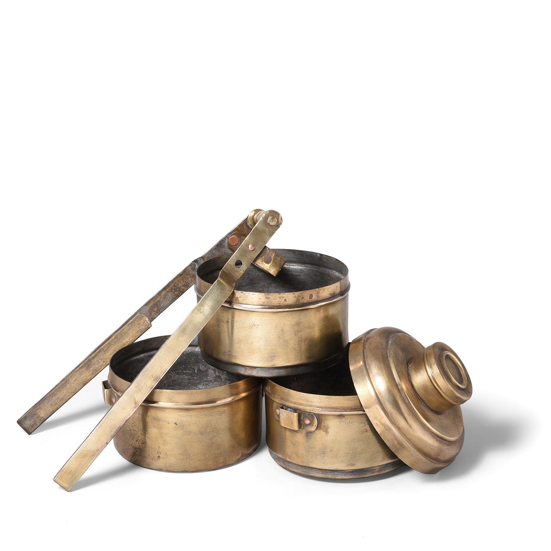 Deconstructed View Of Antique 3 Tier Brass Tiffin Box | Indigo Antiques