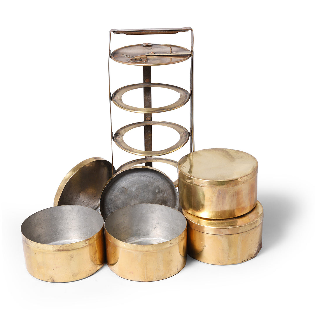 Deconstructed View Of 4 Tier Indian Vintage Brass Tiffin Box Set - Ca 1930 | Indigo Antiques