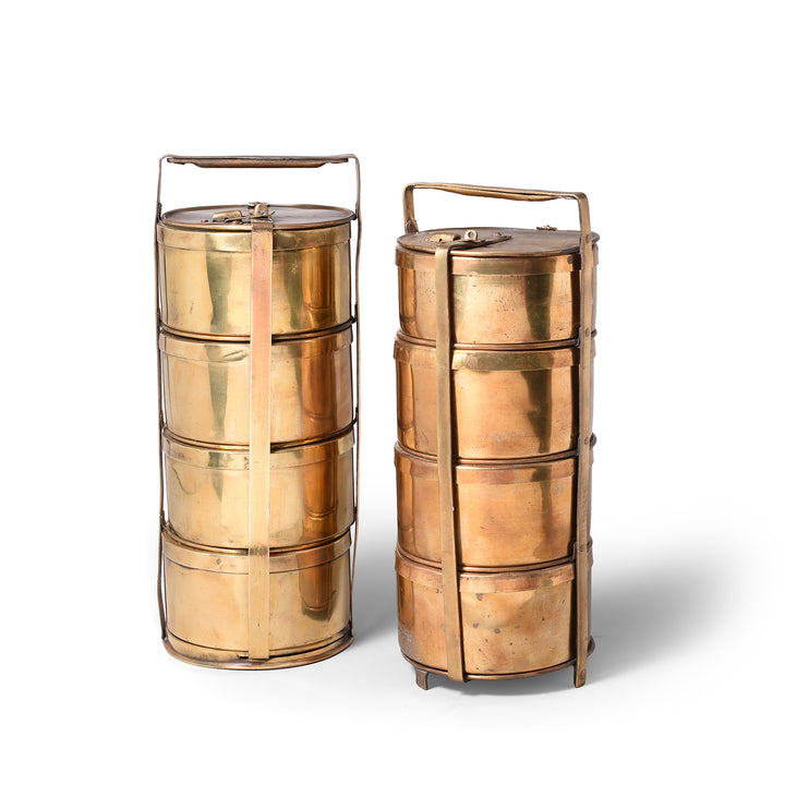 4 Tier Indian Vintage Brass Tiffin Box Set - Ca 1930 | Indigo Antiques