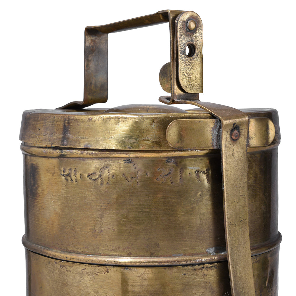 Handle And Inscription Detail From Antique Brass Indian Multi Tiered Tiffin With Carry Handle