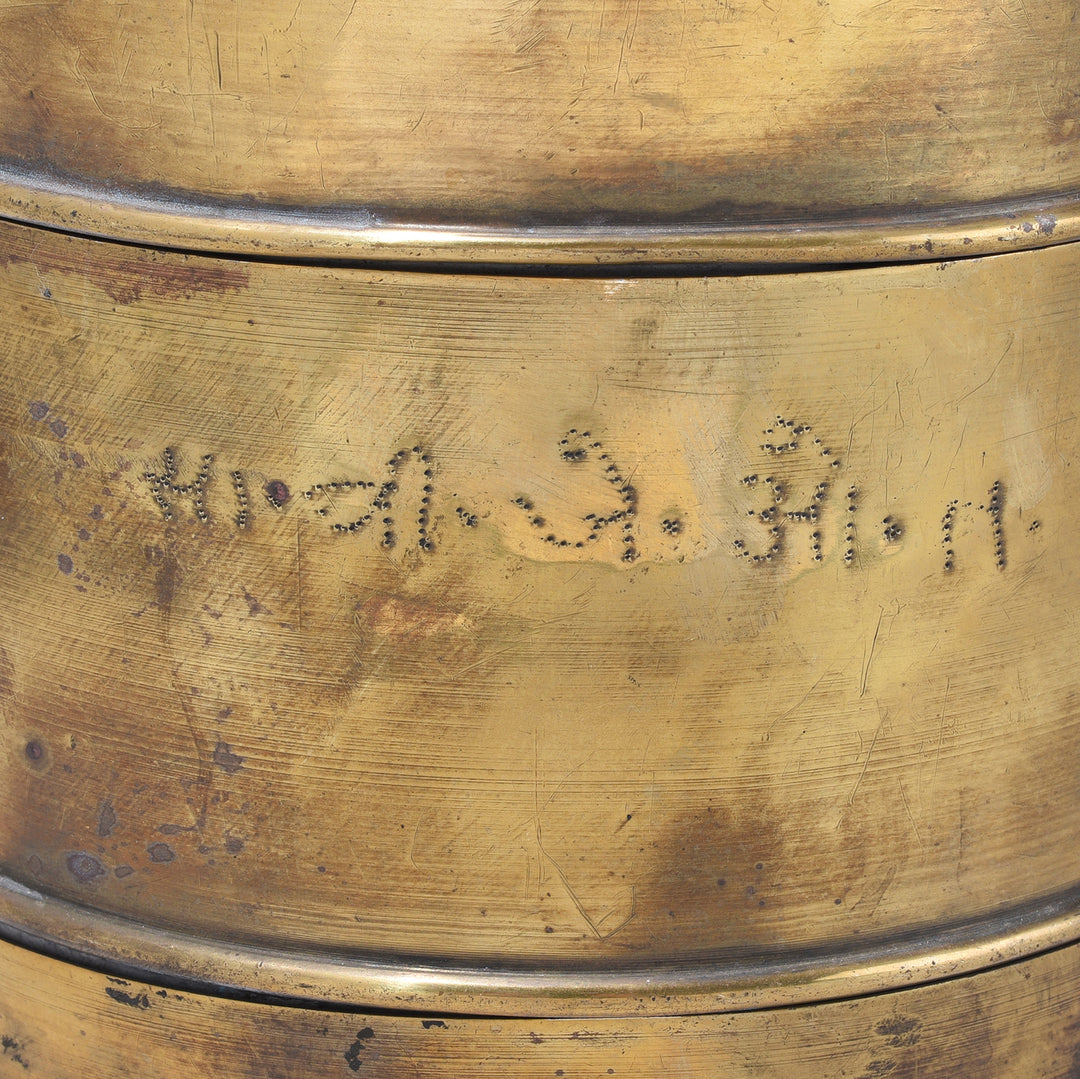 Inscription Detail From Antique Brass Indian Multi Tiered Tiffin With Carry Handle