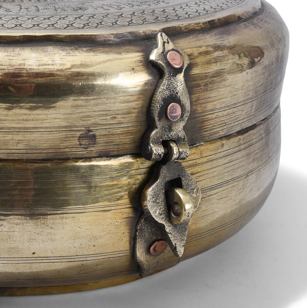 Latch Detail From Antique Indian Brass Chapati Box With Hand Engraved Geometric Decoration From Rajasthan