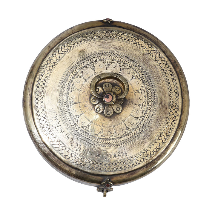 Top Down View Of Antique Indian Brass Chapati Box With Hand Engraved Geometric Decoration From Rajasthan