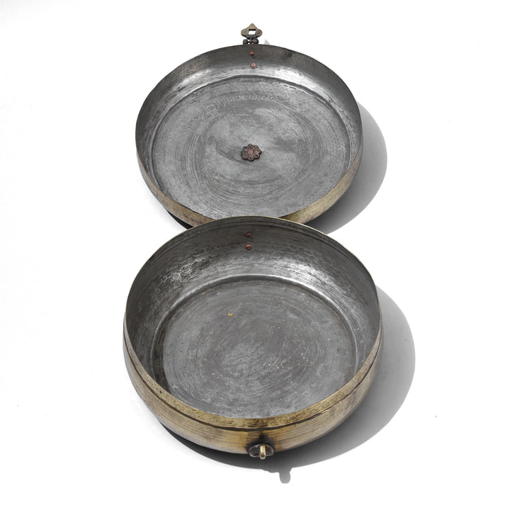 Interior Of Antique Indian Brass Chapati Box With Hand Engraved Geometric Decoration From Rajasthan