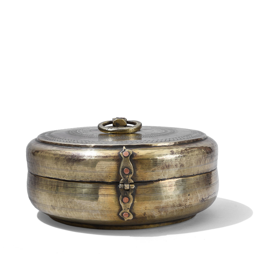 Rear View Of Antique Indian Brass Chapati Box With Hand Engraved Geometric Decoration From Rajasthan