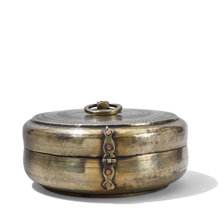 Rear View Of Antique Indian Brass Chapati Box With Hand Engraved Geometric Decoration From Rajasthan