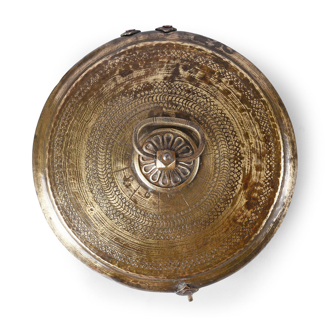 Top Down View Detailing Carvings On Antique Indian Brass Chapati Box | Indigo Antiques