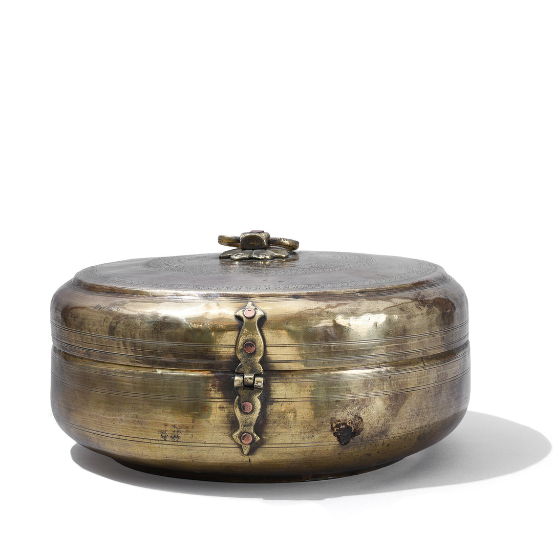 Back Of Antique Indian Brass Chapati Box With Hand Engraved Geometric Decoration From Rajasthan