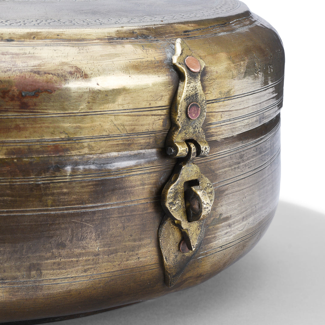 Latch Detail From Antique Indian Brass Chapati Box With Hand Engraved Geometric Decoration From Rajasthan