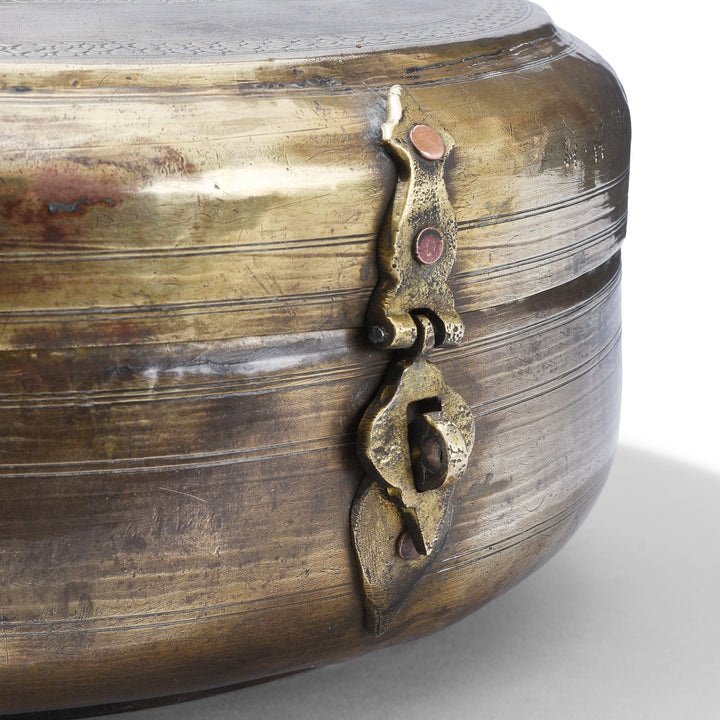 Latch Detail From Antique Indian Brass Chapati Box With Hand Engraved Geometric Decoration From Rajasthan
