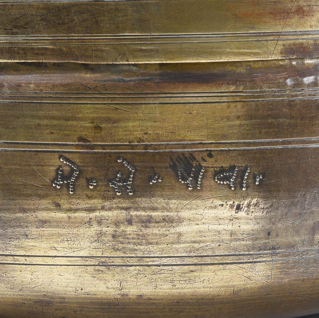 Inscription Detail From Antique Indian Brass Chapati Box With Hand Engraved Geometric Decoration From Rajasthan