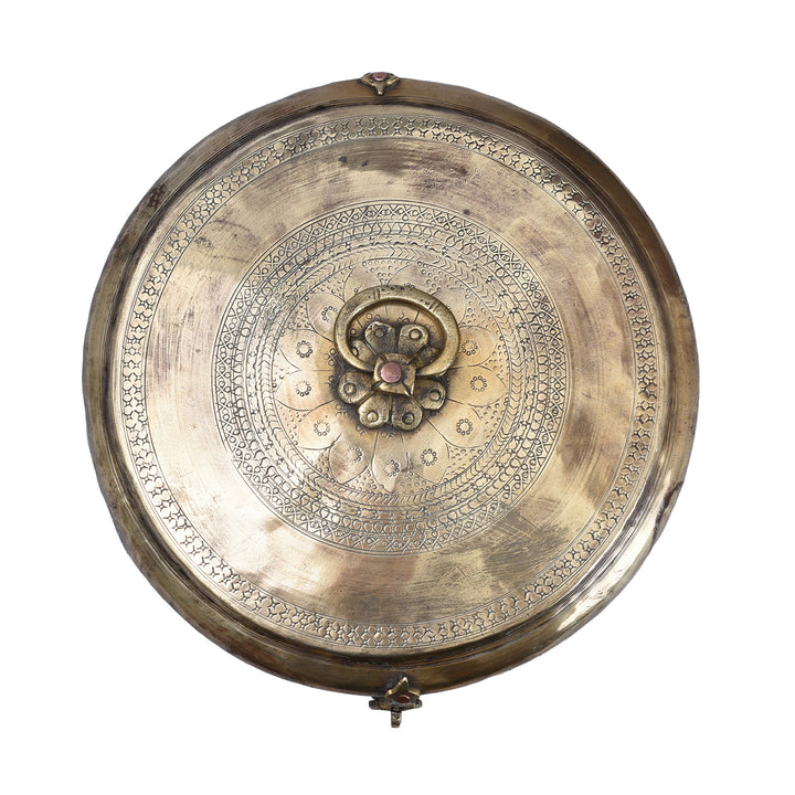 Top Down View Of Antique Indian Brass Chapati Box With Hand Engraved Geometric Decoration From Rajasthan