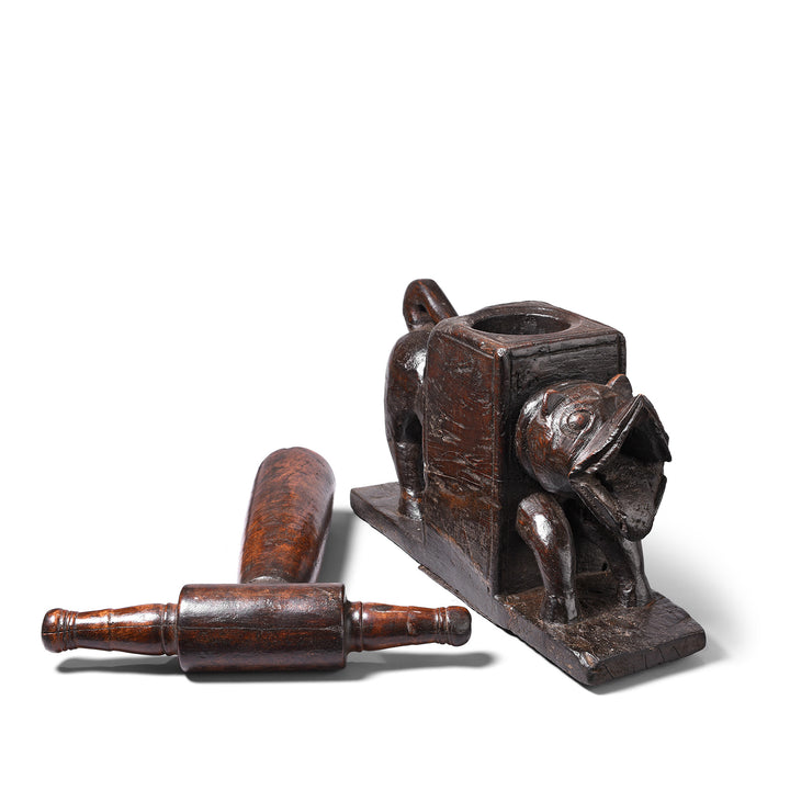 Angled View Of Antique Carved Indian Tiger Juicer From Banswara | Indigo Antiques