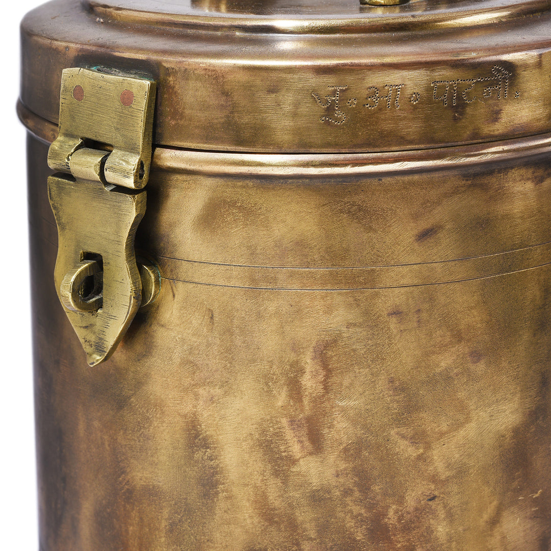 Latch And Engraving Detail From Vintage Brass Food Caddy From Bombay - Ca 1920 | Indigo Antiques