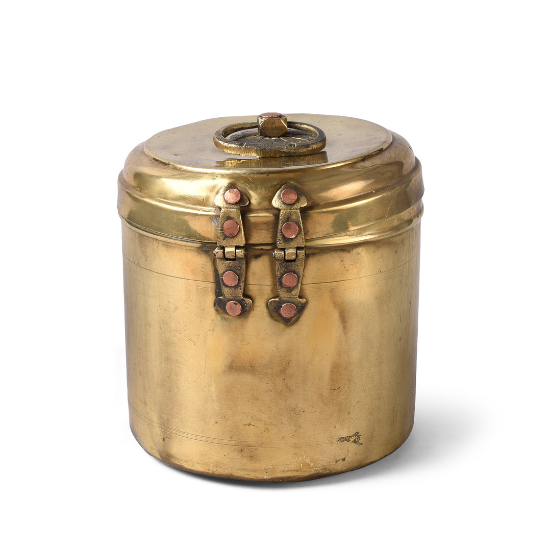 Back Of Vintage Indian Brass Food Caddy From Bombay | Indigo Antiques