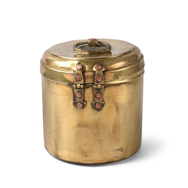 Back Of Vintage Indian Brass Food Caddy From Bombay | Indigo Antiques