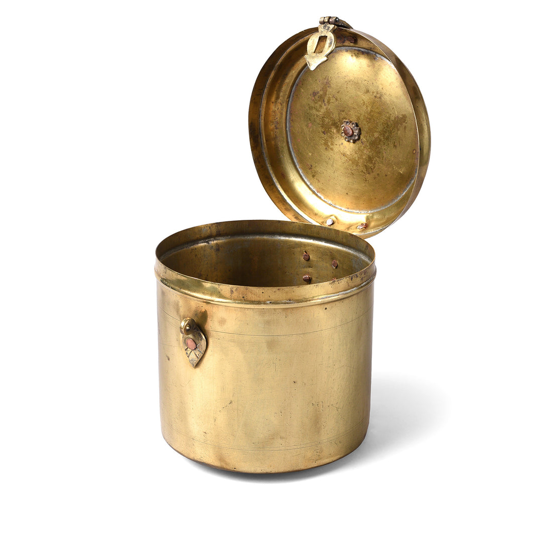 Open View Of Vintage Indian Brass Food Caddy From Bombay | Indigo Antiques