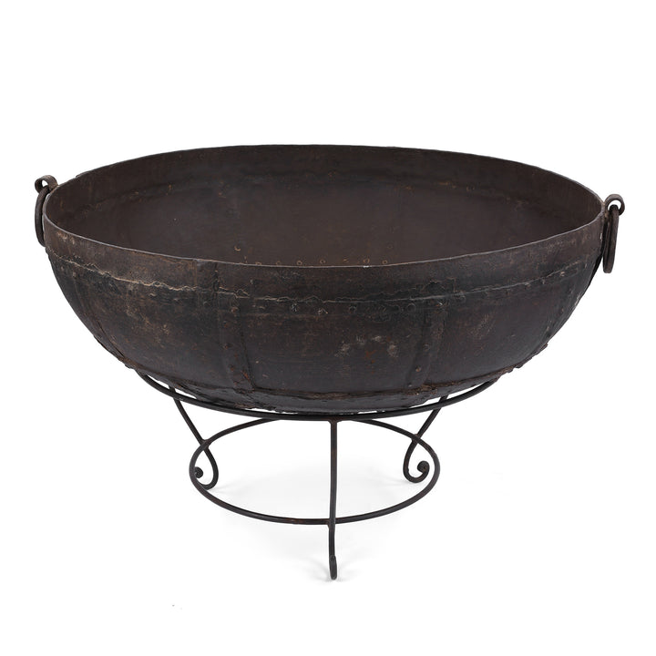 Antique Indian Kadai Fire Bowl With Grill On Stand Hand Forged Iron Rajasthan 1920s