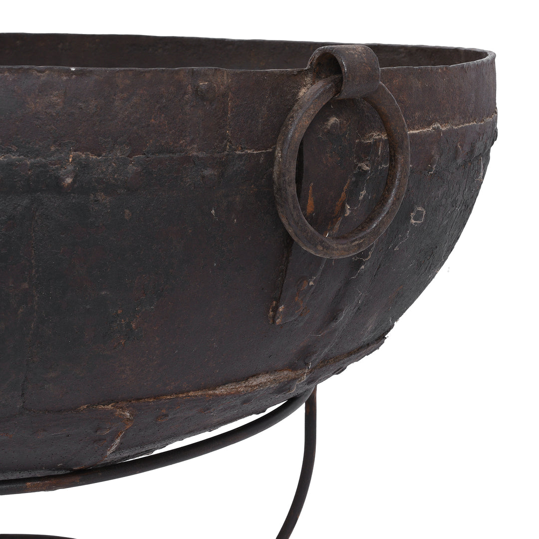 Handle Detail From Antique Indian Kadai Fire Bowl With Grill On Stand Hand Forged Iron Rajasthan 1920s