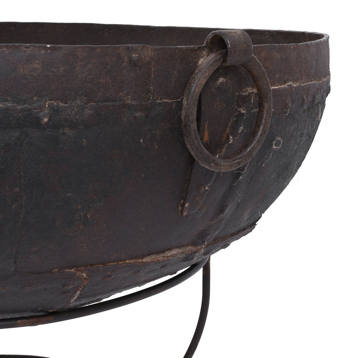 Handle Detail From Antique Indian Kadai Fire Bowl With Grill On Stand Hand Forged Iron Rajasthan 1920s