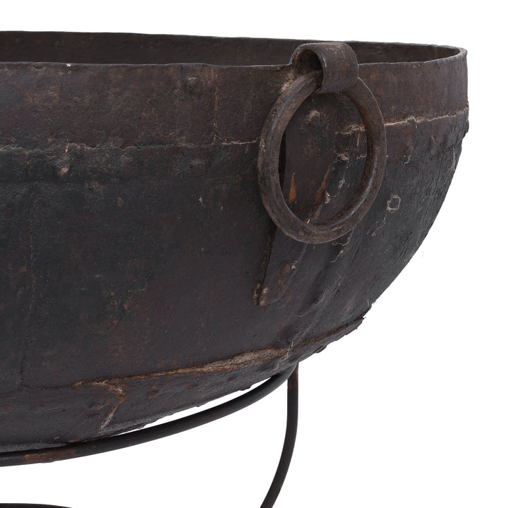 Handle Detail From Antique Indian Kadai Fire Bowl With Grill On Stand Hand Forged Iron Rajasthan 1920s