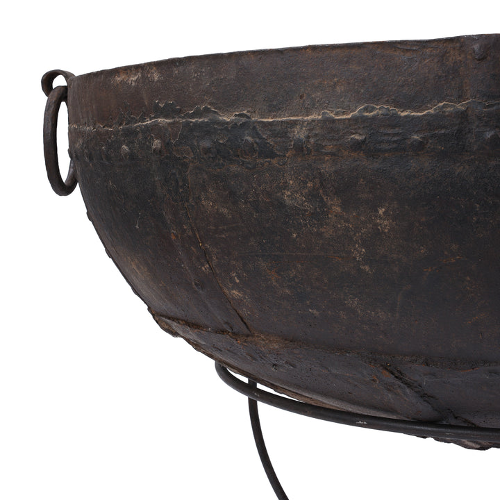 Detail From Antique Indian Kadai Fire Bowl With Grill On Stand Hand Forged Iron Rajasthan 1920s