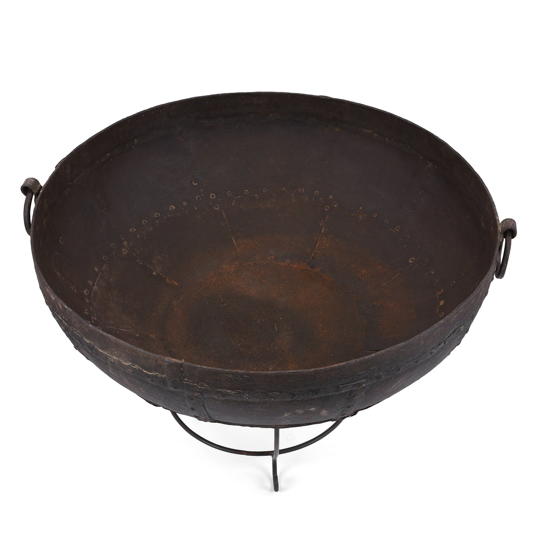 Interior View Of Antique Indian Kadai Fire Bowl With Grill On Stand Hand Forged Iron Rajasthan 1920s