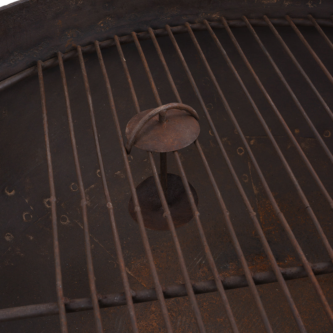 Antique Indian Kadai Fire Bowl With Grill On Stand Hand Forged Iron Rajasthan 1920s