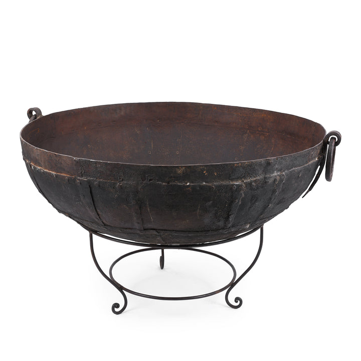 Antique Indian Kadai Fire Bowl With Grill On Stand Hand Forged Iron Rajasthan 1920s