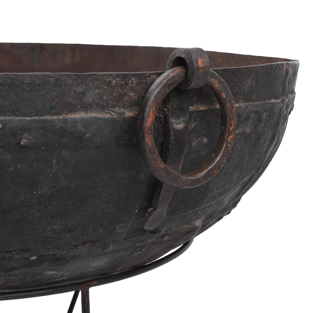 Handle Detail From Antique Indian Kadai Fire Bowl With Grill On Stand Hand Forged Iron Rajasthan 1920s