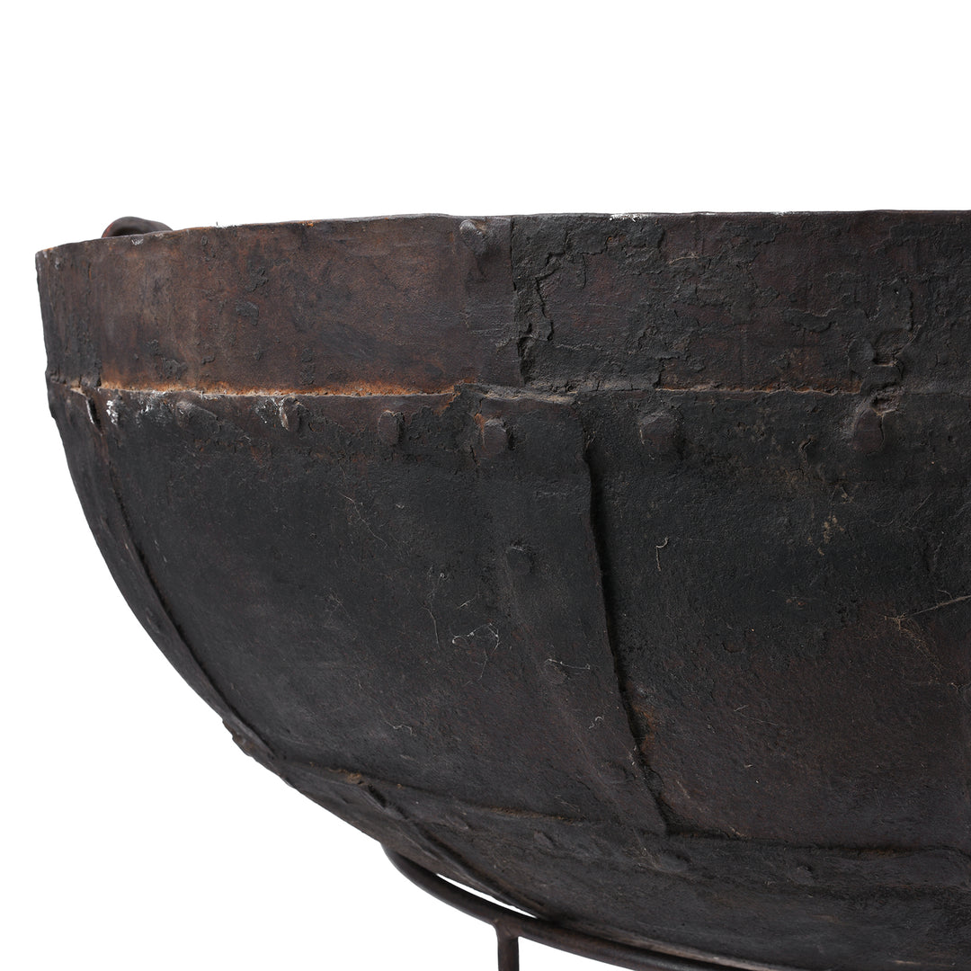 Detail From Antique Indian Kadai Fire Bowl With Grill On Stand Hand Forged Iron Rajasthan 1920s