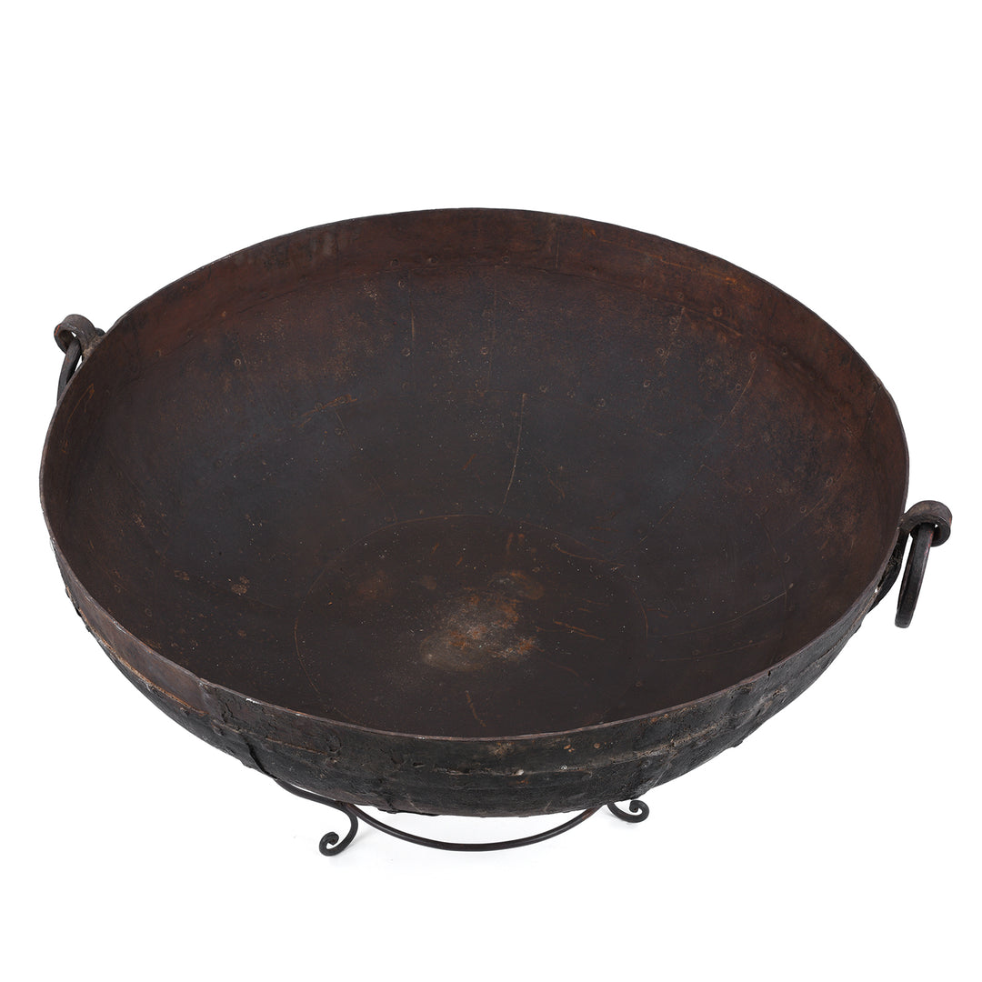 Interior Detail From Antique Indian Kadai Fire Bowl With Grill On Stand Hand Forged Iron Rajasthan 1920s