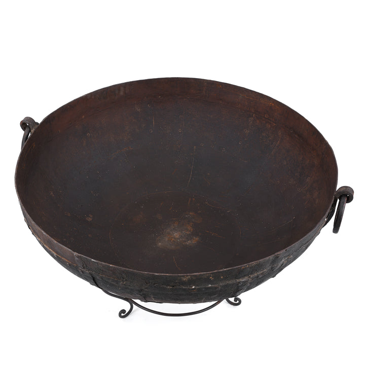 Interior Detail From Antique Indian Kadai Fire Bowl With Grill On Stand Hand Forged Iron Rajasthan 1920s