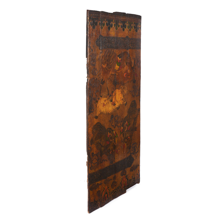 Angled View Of Vintage Tibetan Yak Door With Original Paint | Indigo Antiques