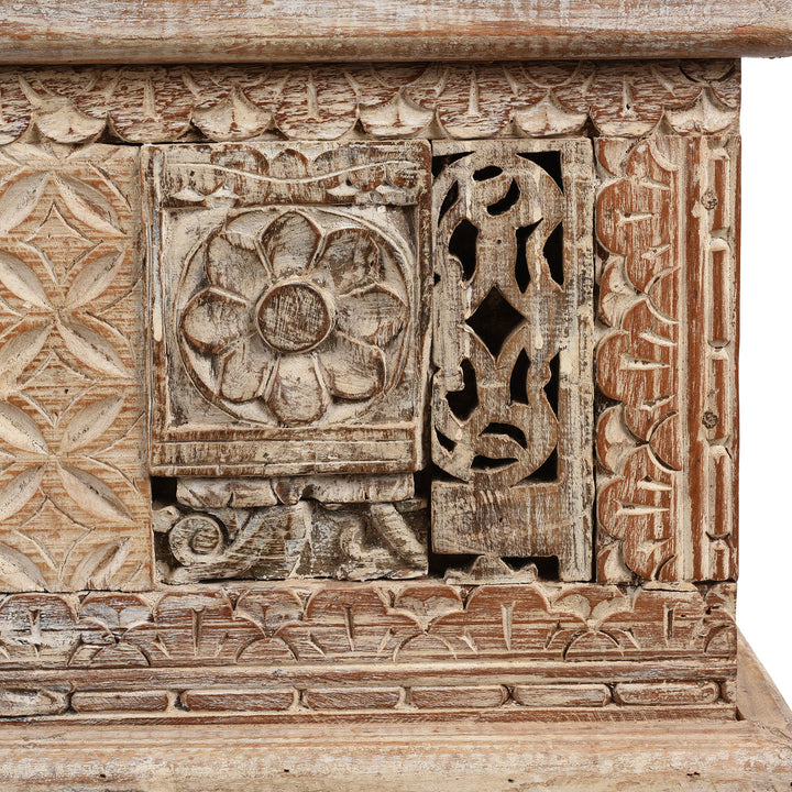 Carving Detail From Carved Blanket Chest Made From Reclaimed Painted Teak | Indigo Antiques