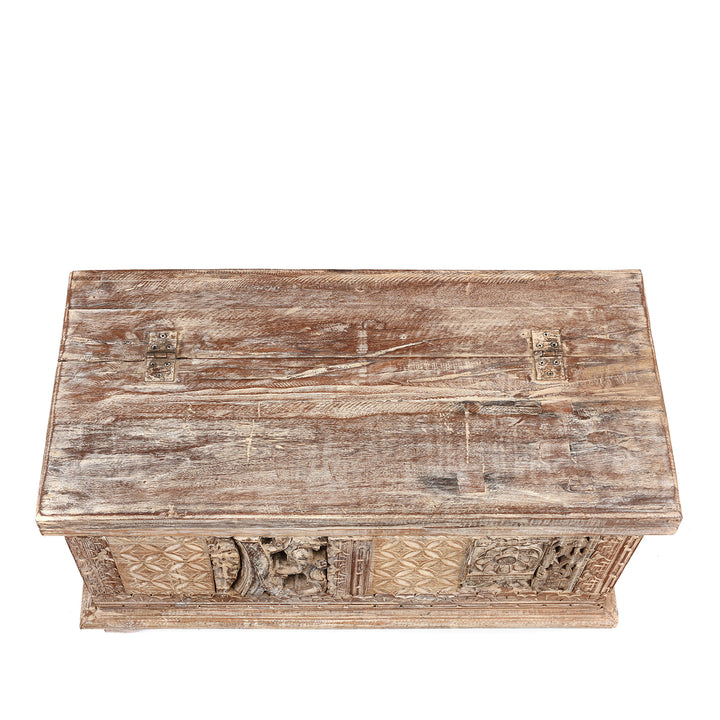 Top Down View Of Carved Blanket Chest Made From Reclaimed Painted Teak | Indigo Antiques