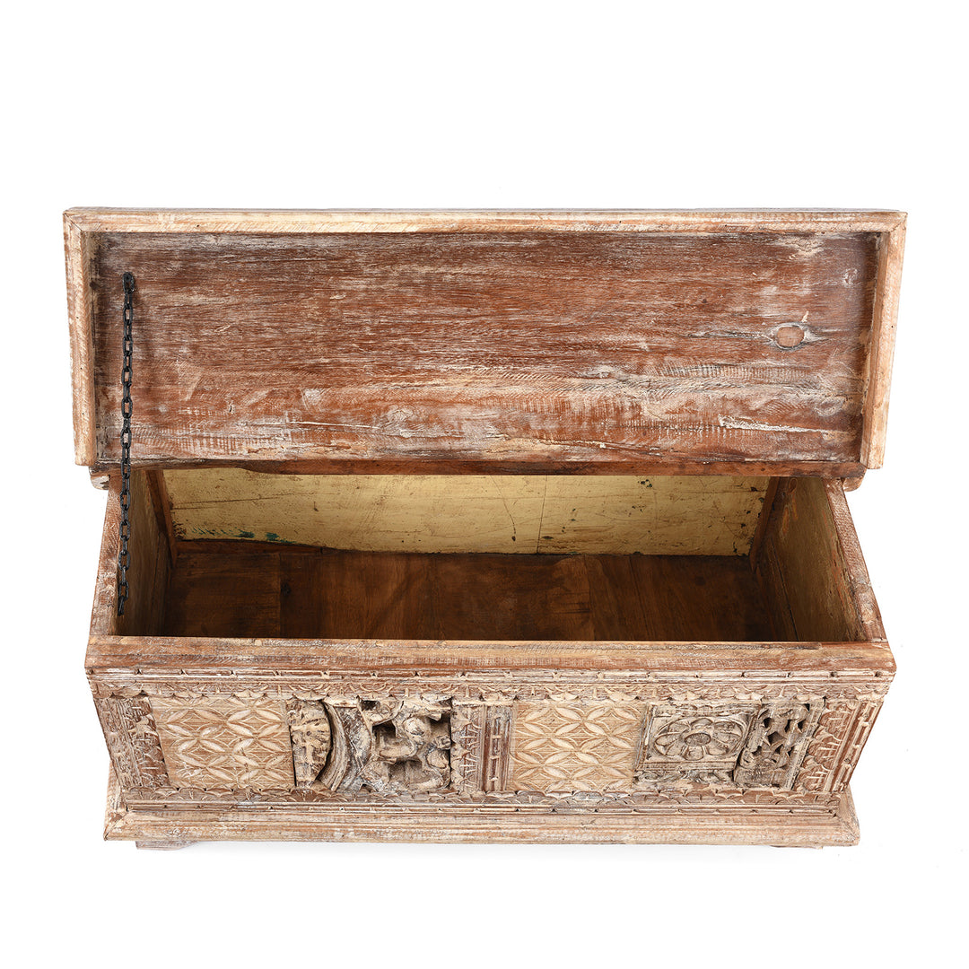 Interior Of Carved Blanket Chest Made From Reclaimed Painted Teak | Indigo Antiques